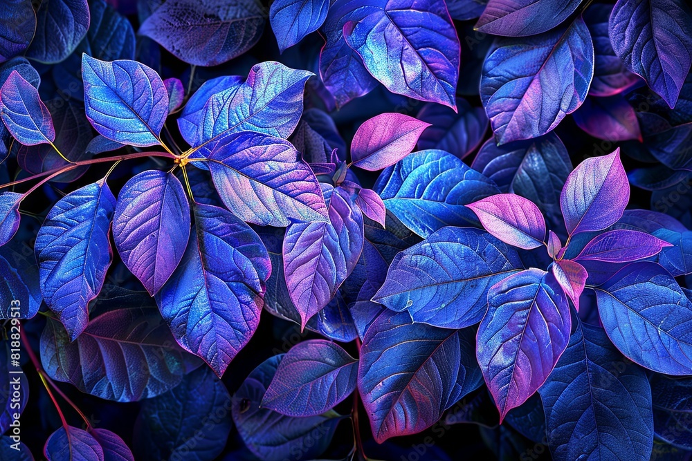 Vivid blue and purple leaves texture for artistic botanical background