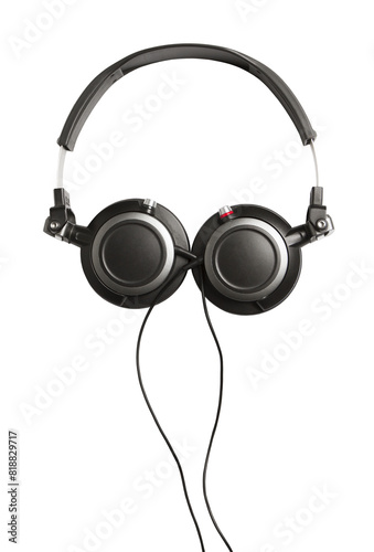 A pair of black headphones isolated on a white background, clean and simple design element for audio equipment representation photo