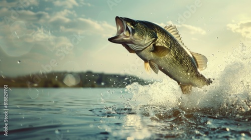 A largemouth bass jumping out of the water with a blue sky and white clouds in the background. AIG51A.