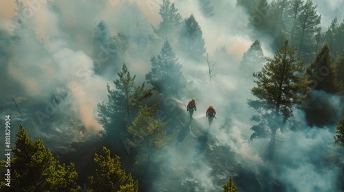 Aerial view of firefighters and emergency crews responding to a forest fire photo