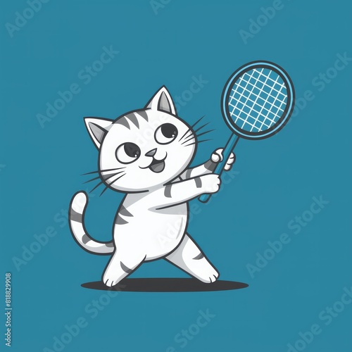Cheerful cute cat plays badminton