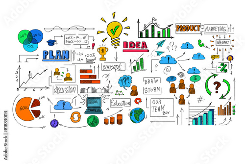 Wallpaper Mural A colorful hand-drawn business concept sketch with various charts, icons, and symbols on a white background, illustrating strategy and planning Torontodigital.ca