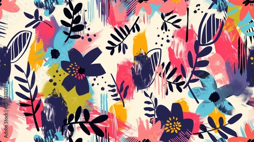 : Playful and colorful abstract pattern with brush strokes and flowers in Memphis style, perfect for brochures and vintage posters. photo