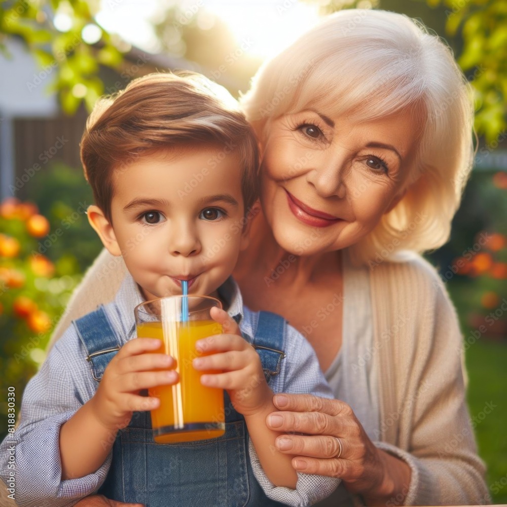 young European kid drinking orange juice with her grandma in the garden young European kid drinking orange juice with her grandma in the garden