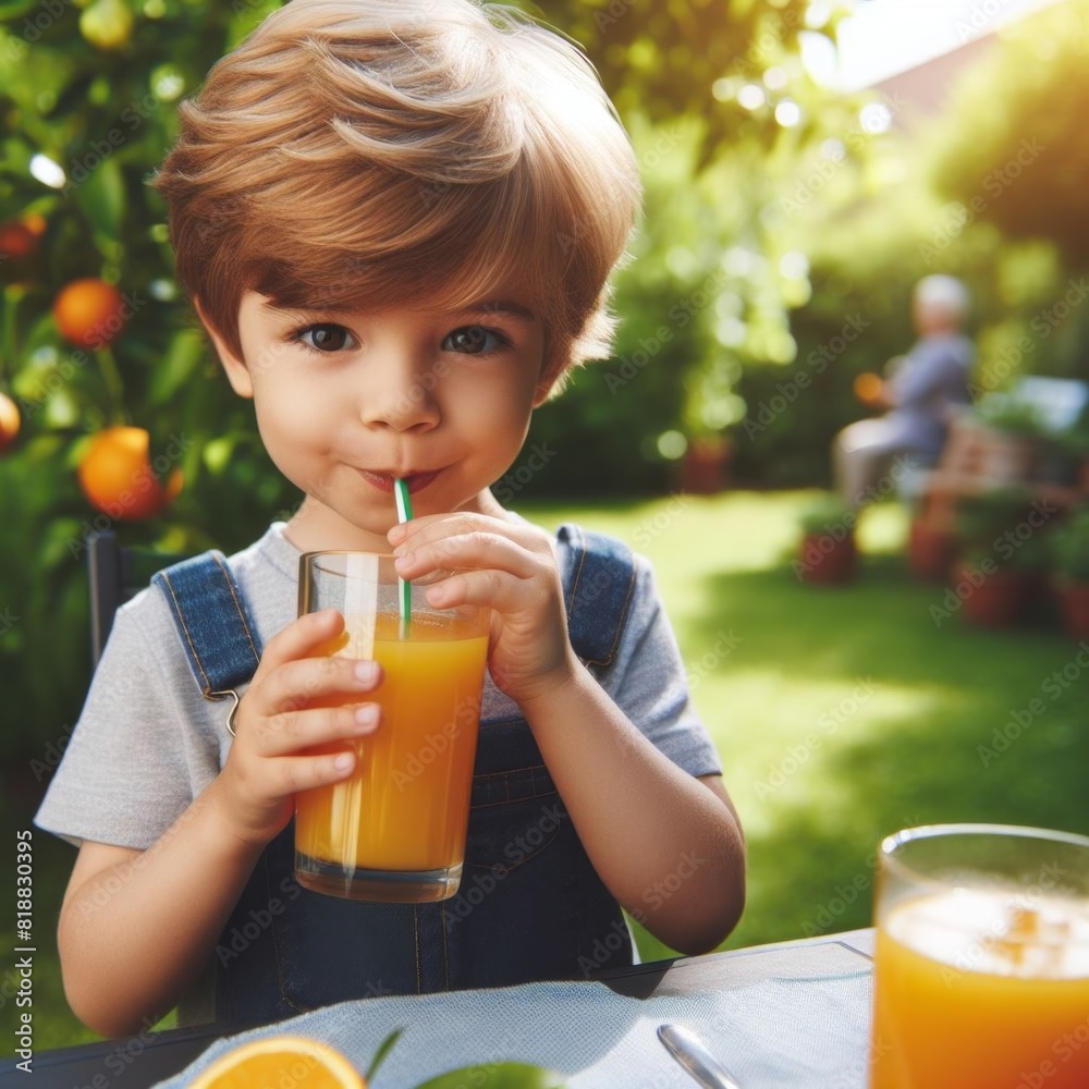 young American kid drinking orange juice in the garden young American kid drinking orange juice in the garden