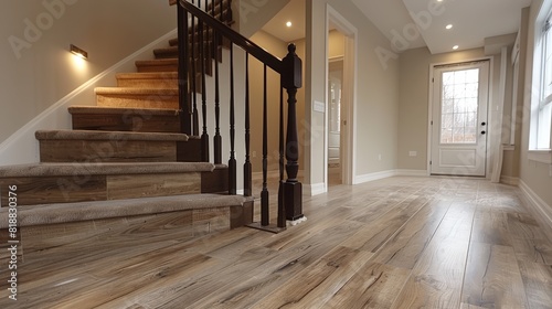 Stairs with beige vinyl flooring wood look  white walls  and dark brown handrail