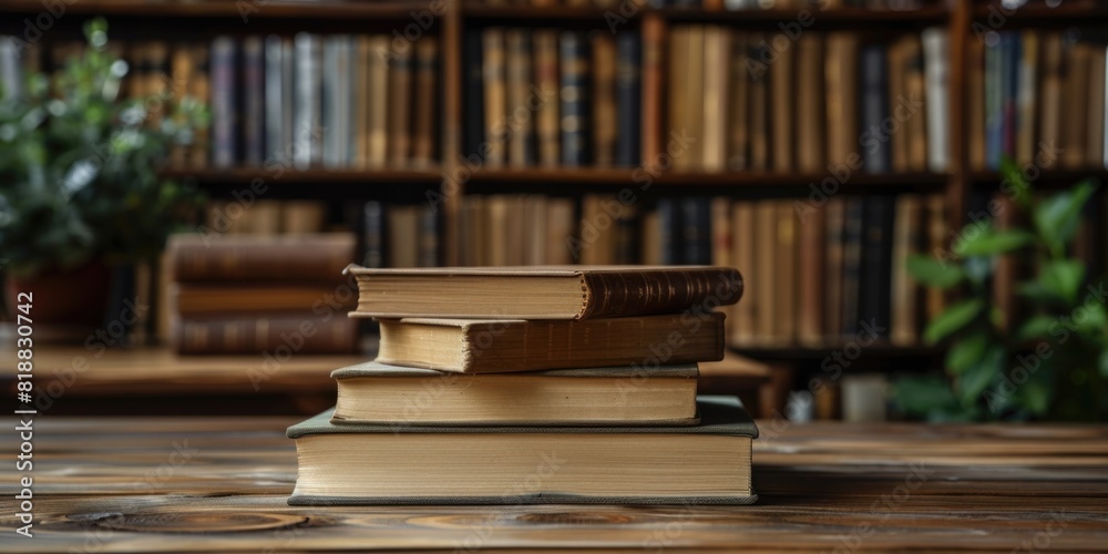 Back to school concept. stack of books over wooden desk in front of library Back to school concept. stack of books over wooden desk in front of library