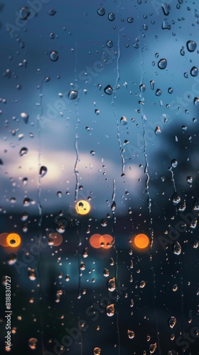 Raindrops cling to a windowpane against a backdrop of a city's glowing lights. A night cityscape with bokeh in the background.