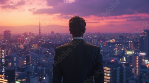 Back view of a man in a suit looking out over the city at dusk