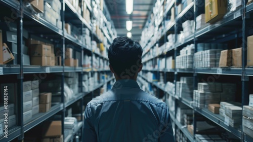 Back view of diligent worker scanning shelves in a storage facility photo