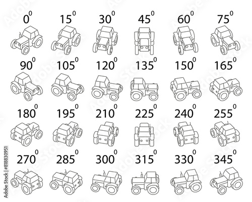 A set of 24 tractors in outline from different angles. Rotate the tractor cab 15 degrees in a contour for animation and video games.