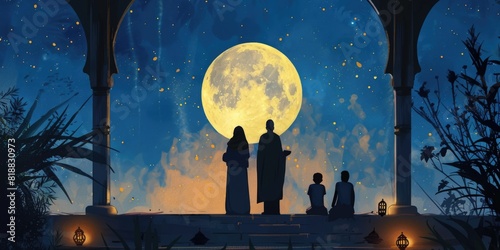 Back view of muslim family view moon islamic ramadan mubarak night, eid greetings, chand raat mubarak photo