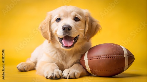 Golden Retriever puppy smile play with American football on light yellow background photo