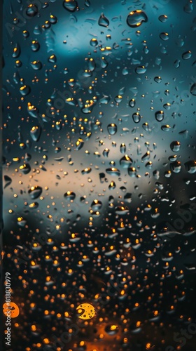 Raindrops cling to a windowpane against a backdrop of a city s glowing lights. A night cityscape with bokeh in the background.