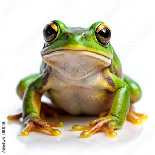 A green and yellow frog with large eyes sits on a white surface.