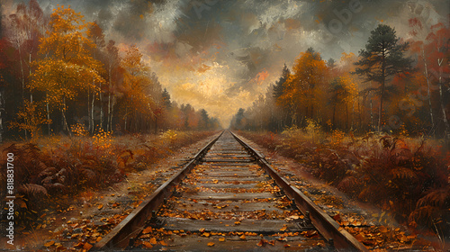 Tracks in Autumn, Tram rails in the autumn forest vintage hipster background Travel freedom and hope concept