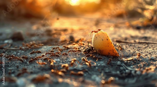 Ants swarming around a piece of fruit on the ground photo