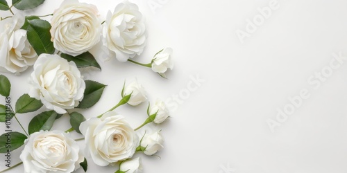 Background white top view up photo floral day flower mock wedding bridal invite. White banner card background