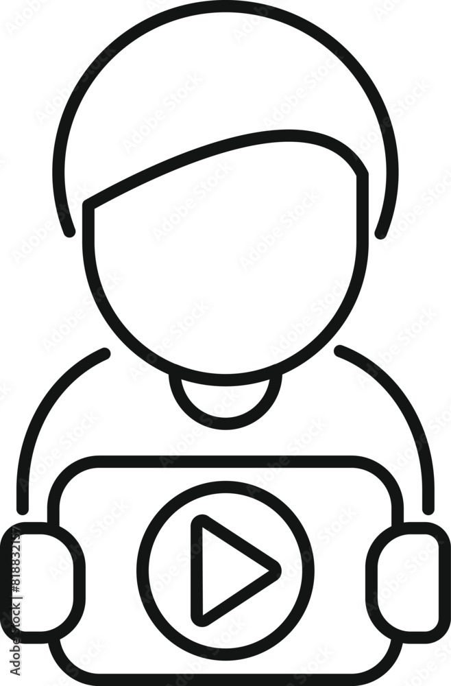 Simple line art icon representing a person with gaming headset and a play button Simple line art icon representing a person with gaming headset and a play button
