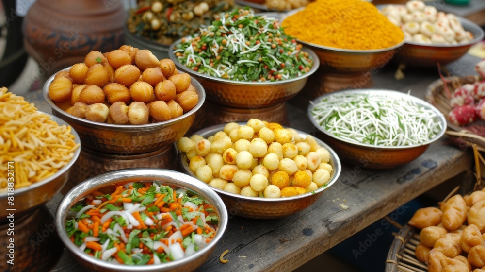 Assorted Indian street food including pani puri, bhel puri, and sev puri Assorted Indian street food including pani puri, bhel puri, and sev puri