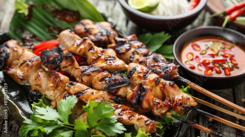 Assorted grilled chicken pieces served with dipping sauces and garnishes