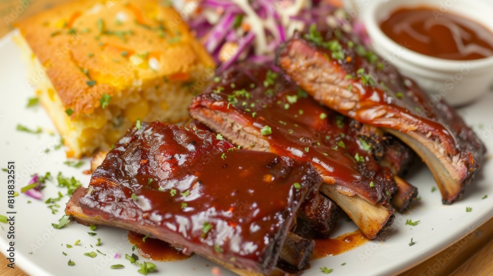 Barbecue pork ribs with a tangy sauce, served with cornbread and slaw Barbecue pork ribs with a tangy sauce, served with cornbread and slaw