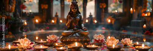 A festive home puja setup with a statue of Goddess Lakshmi and lit diyas photo