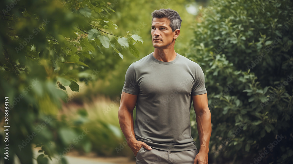 Elegant Gentleman in Gray T-shirt in Tranquil Park Elegant Gentleman in Gray T-shirt in Tranquil Park
