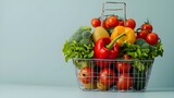 Close up of full shopping cart with fruits in grocery store. shopping concept, Shopping basket with fresh food in a grocery supermarket. 