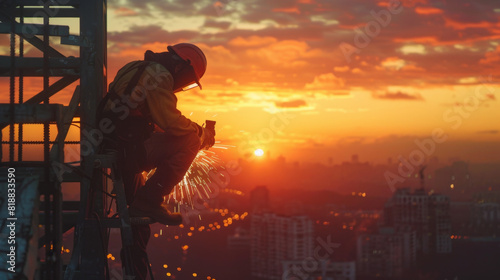 Construction worker welding on high steel frame at sunset with city skyline in distance. photo