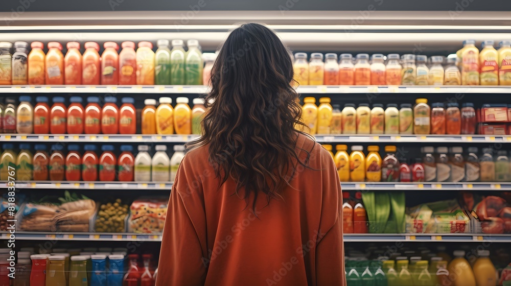 Woman stands in front of supermarket shelves with colorful products. Generative AI. Woman stands in front of supermarket shelves with colorful products. Generative AI.