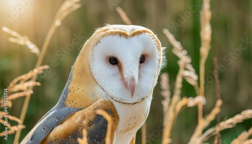 Barn owl perched in tall grass field, majestic bird of prey © tino