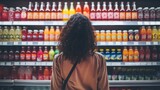 Woman stands in front of supermarket shelves with colorful products. Generative AI.