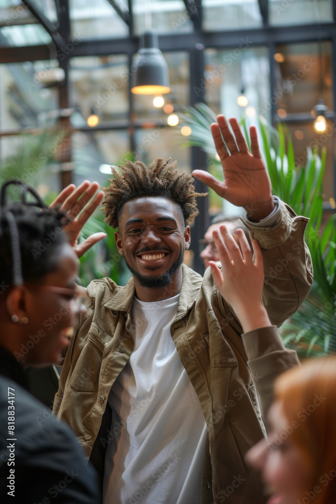 Colleagues celebrate project completion with high-fives and smiles. Colleagues celebrate project completion with high-fives and smiles.