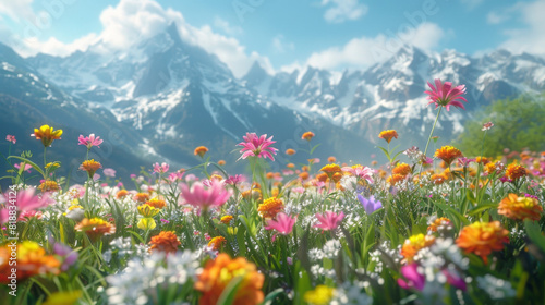 Vibrant flowers in full bloom among snow-capped peaks