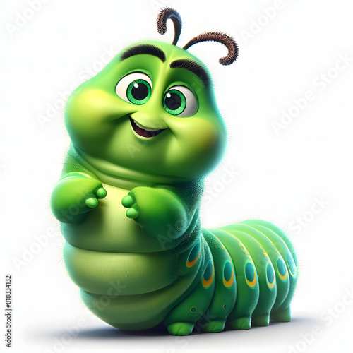 A cartoon green caterpillar standing on its hind legs. The front ones are folded. The caterpillar has big green eyes and a cute expression.