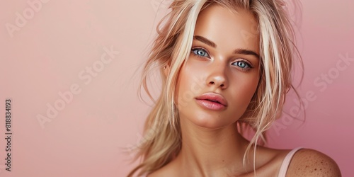 Beautiful blonde woman model on a pink background