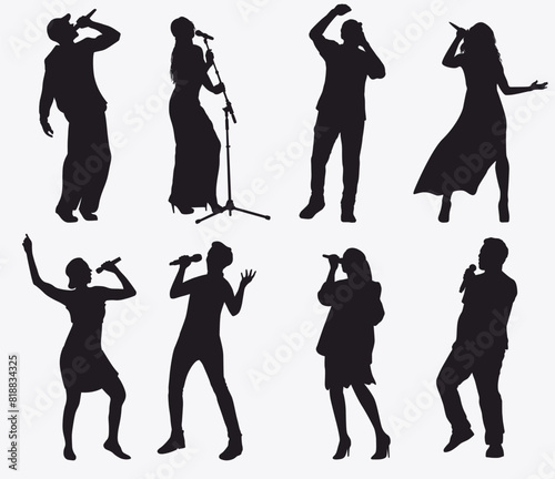 Collection of singers silhouette set. Musician, artist, drummer, keyboard, guitarist, singer, vocalist, performer, entertainer and bass guitarist. 