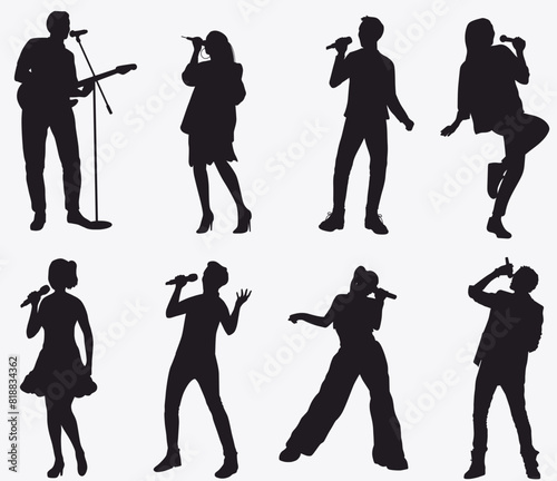 male and female singers silhouette set. man and woman artist with mic performing. 