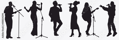 Collection of singers silhouette set. Musician, artist, drummer, keyboard, guitarist, singer, vocalist, performer, entertainer and bass guitarist. 