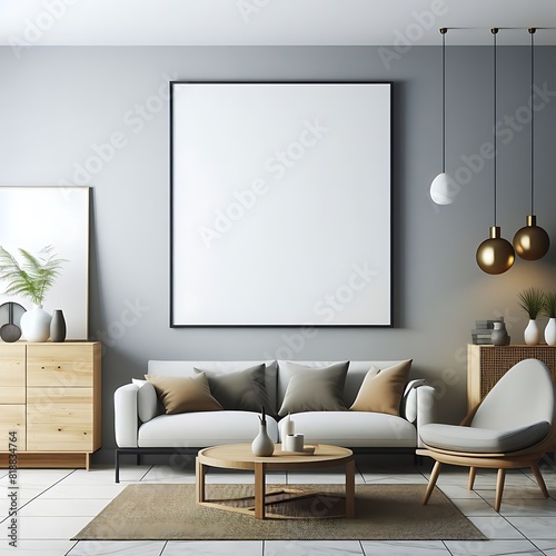 A living Room with a mockup poster empty white and with a large picture frame art realistic attractive lively realistic.