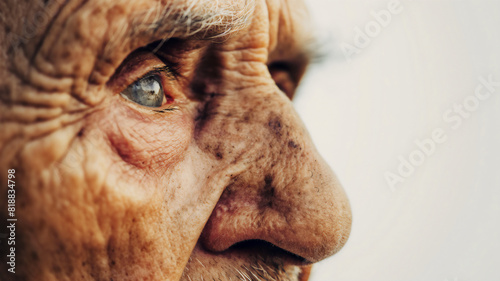Close-up of an elderly person's face, focusing on the eye and detailed wrinkles, showcasing age, experience, and wisdom.