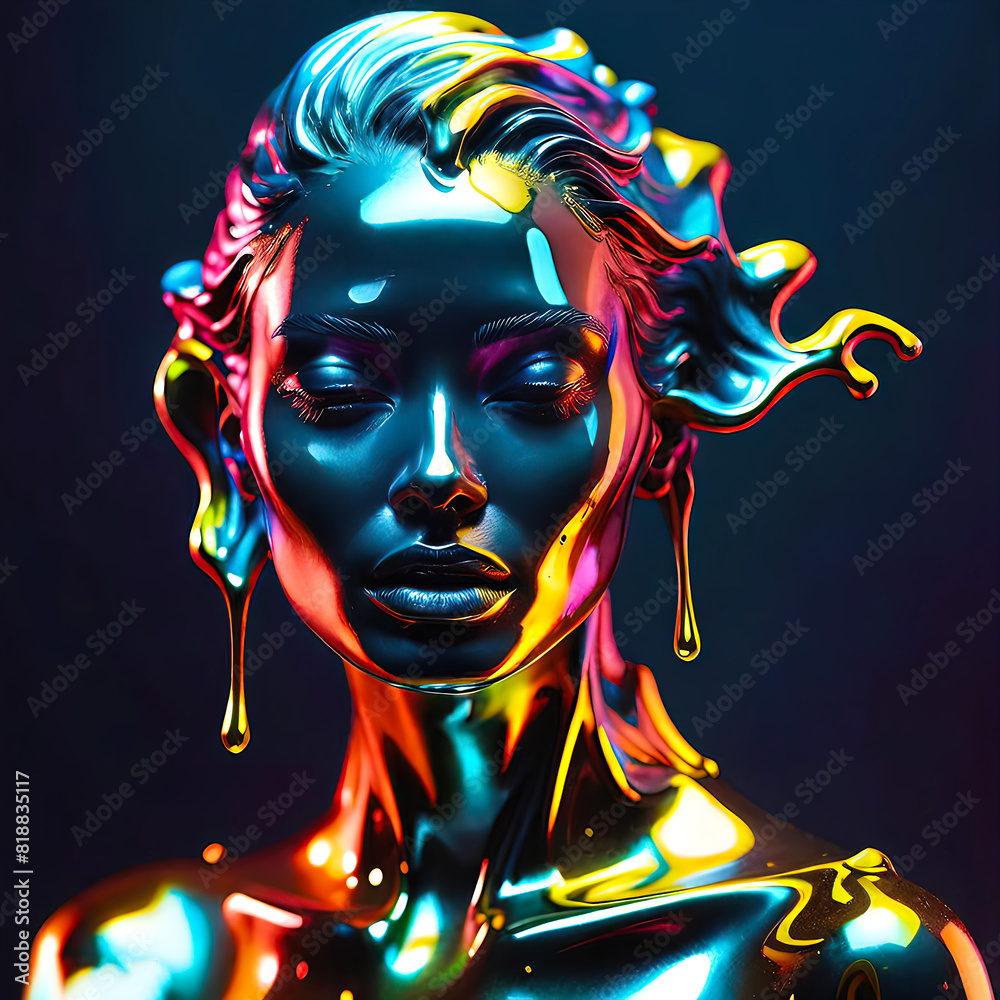 portrait of an emotionally liberated woman, a sculptural portrait of a supermodel in neon lighting, covered in liquid molten liquid. Surreal fashion concept.