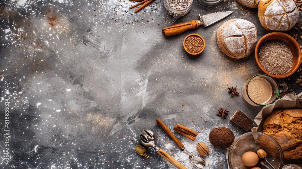 Food illustrations, fresh bread, flour, and spices lie on a natural wood table—an unusual advertising banner. Food illustrations, fresh bread, flour, and spices lie on a natural wood table—an unusual advertising banner.