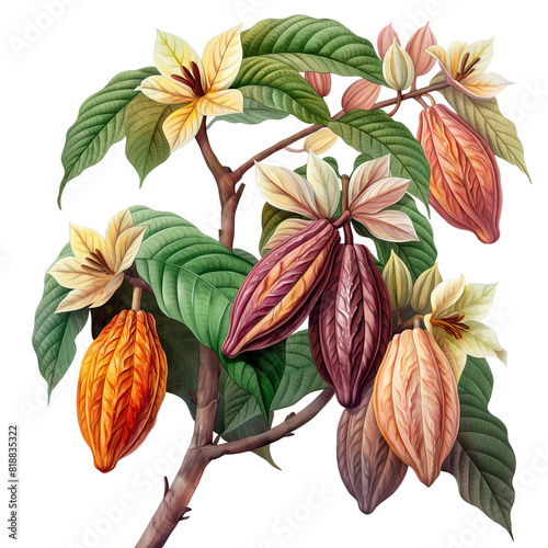 Cacao, Theobroma cacao, Watercolor illustration