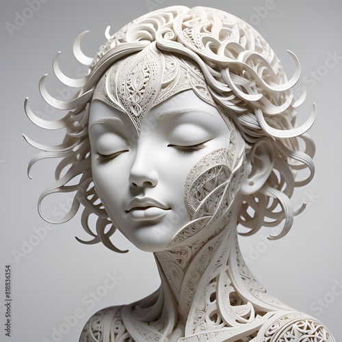 An intricate sculpture with patterns that appear to float and revolve around a central female face with closed eyes. Predominantly white or light in color to highlight the finely crafted details. Crea