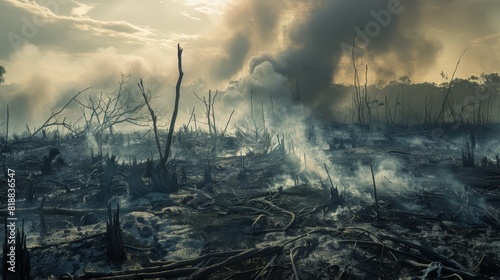 Charred landscape with smoke rising from burnt trees and vegetation