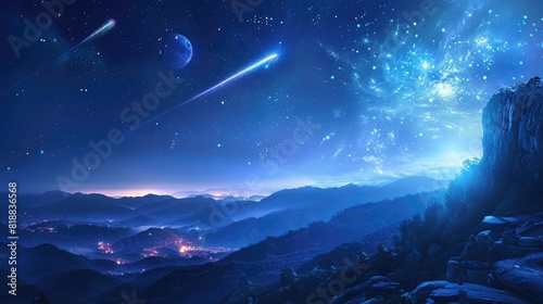 Beautiful Meteor shower in the dark sky at night background, Shiny of shooting star from space, landscape outside of the city, milky way scene