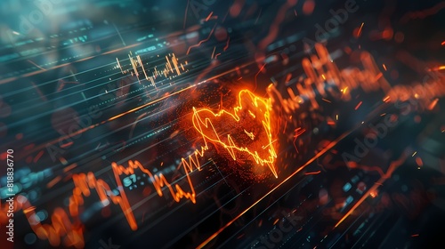 Visualization of stock trends resembling a heartbeat monitor, indicating the fluctuating pulse of the market, presented with realistic detail.