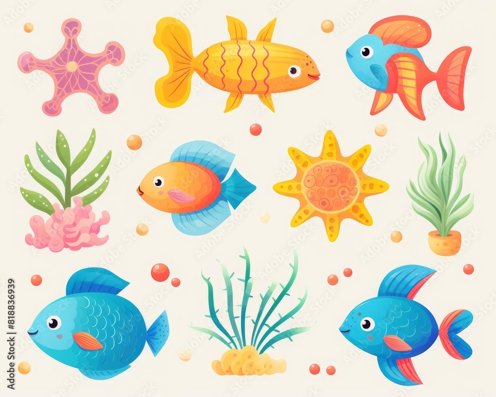 Naklejka premium illustration featuring colorful and cute cartoon fish, sea creatures, and plants in a lively underwater scene.